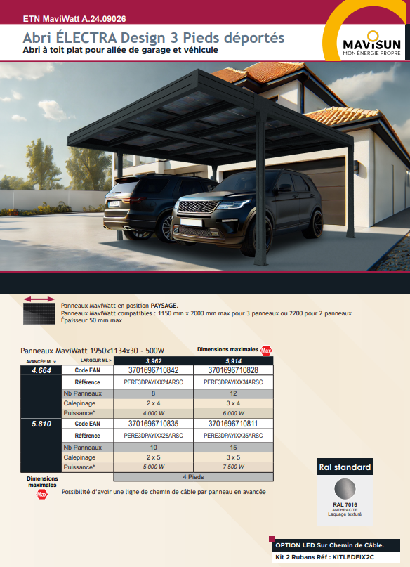 Carport DOUBLE 12 panneaux - modèle Electra  pieds déportés – RAL 7016 – avec ETN