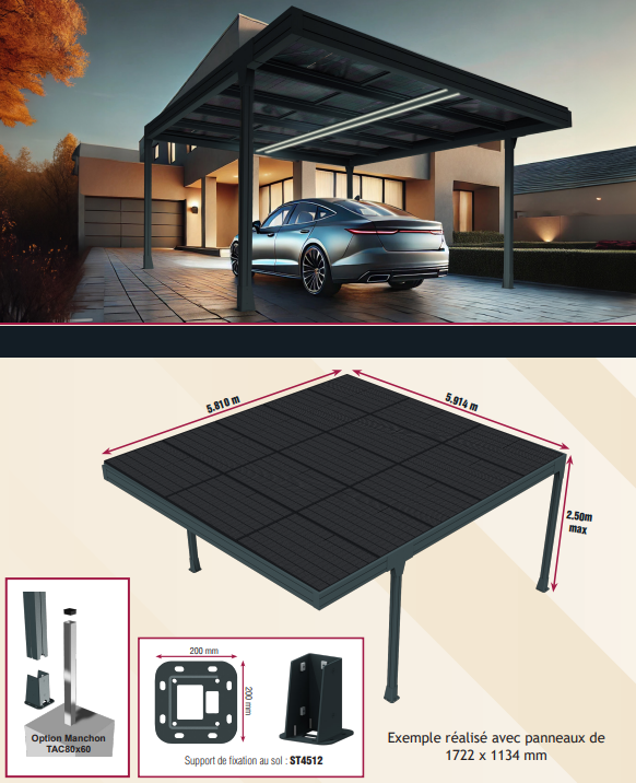 Carport DOUBLE 12 panneaux - modèle Electra  pieds déportés – RAL 7016 – avec ETN
