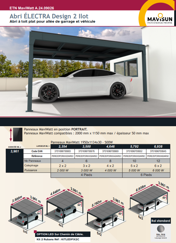 Carport SIMPLE 8 panneaux - modèle Electra  Ilot  – RAL 7016 – avec ETN