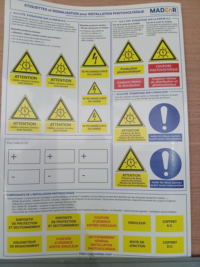 Planche étiquettes PV - A4 - format 300x200mm - UTE - C15-712-1